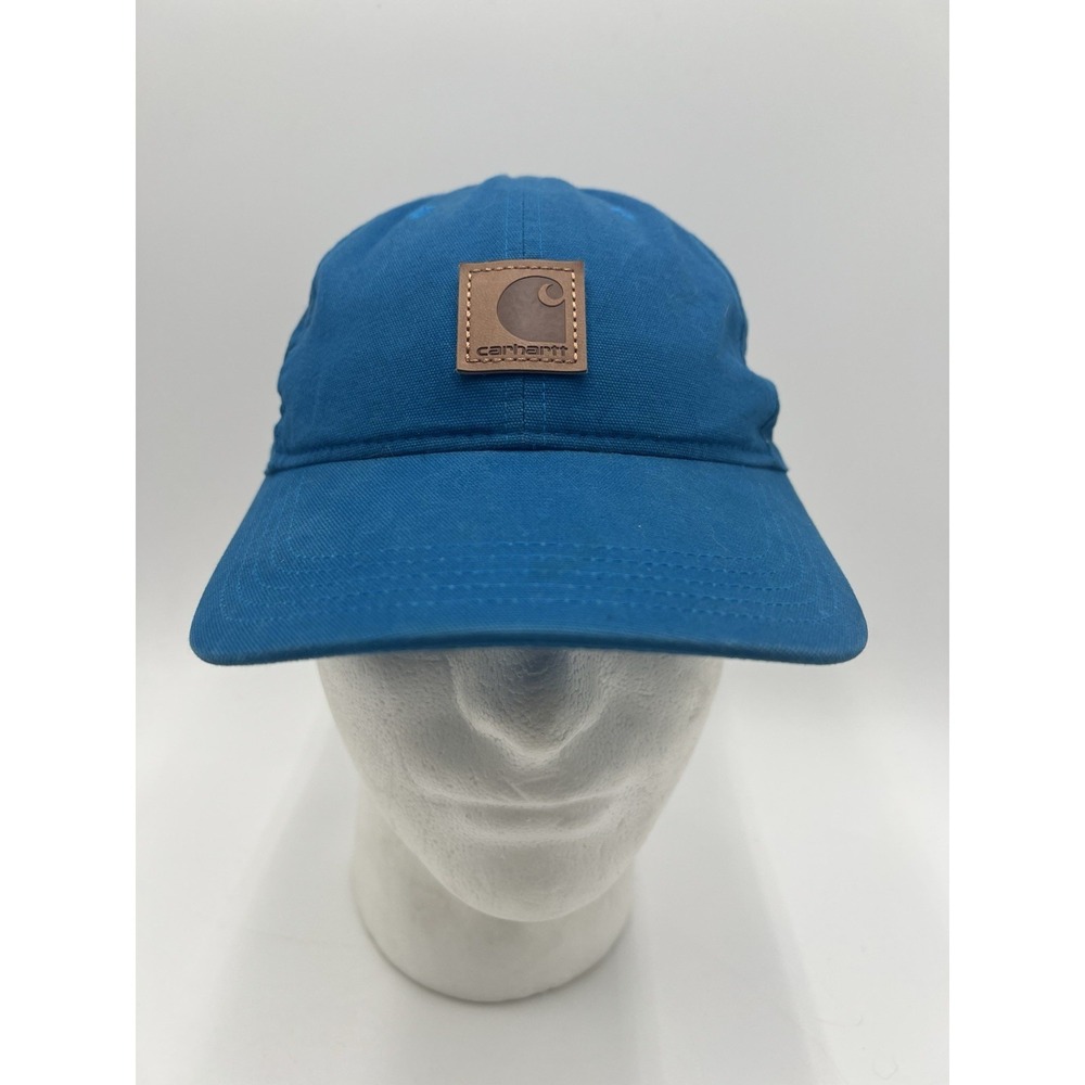 Carhartt‎ Blue Canvas Adjustable Dad Hat Cap Leather Logo Patch One Size
